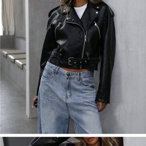 Black Casual Women's Street Style Motorcycle Pu Leather Short Jacket